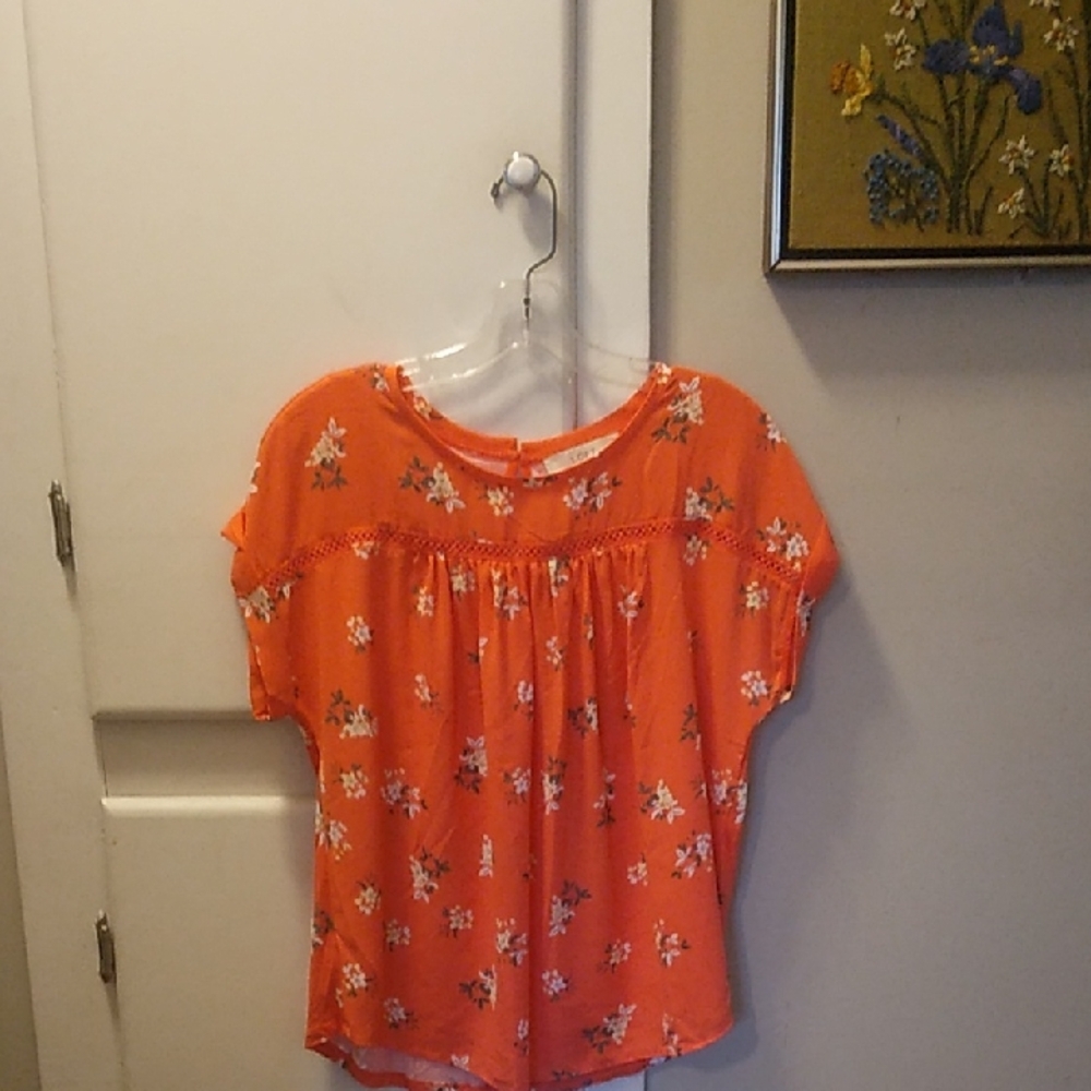 LOFT Orange Floral Cap-Sleeve Blouse